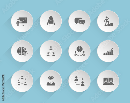 teamwork vector icons on round puffy paper circles with transparent shadows on blue background. teamwork stock vector icons for web, mobile and user interface design