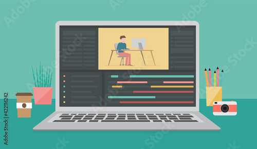 Video editing software. Workplace for freelancer and editor, movie making, vector illustration