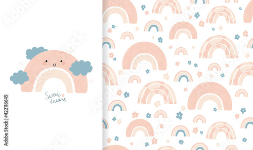 Set cute illustration and seamless pattern with spring rainbow and flowers. Collection in hand drawn style in pastel colors for kids clothing, textiles, children's room design. Vector