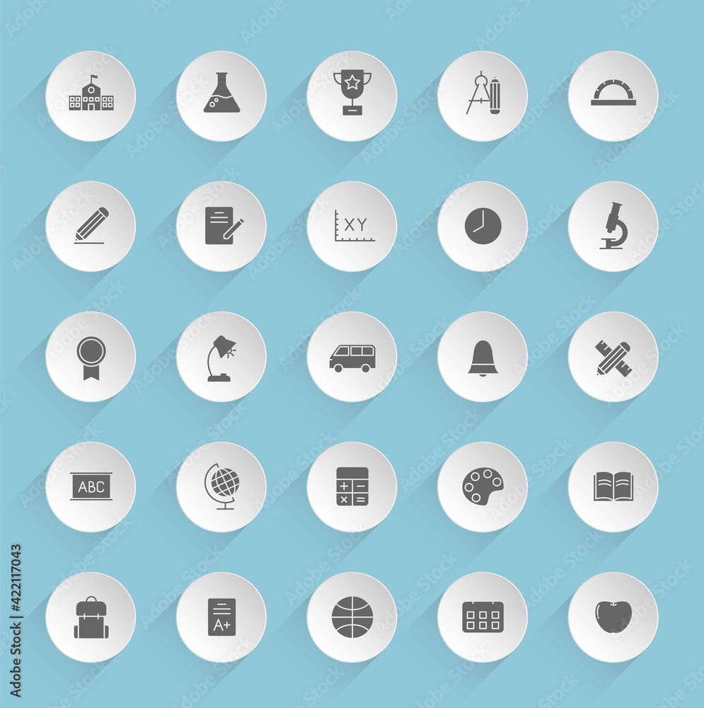 school vector icons on round puffy paper circles with transparent shadows on blue background. school stock vector icons for web, mobile and user interface design school vector icons on round puffy paper circles with transparent shadows on blue background. school stock vector icons for web, mobile and user interface design