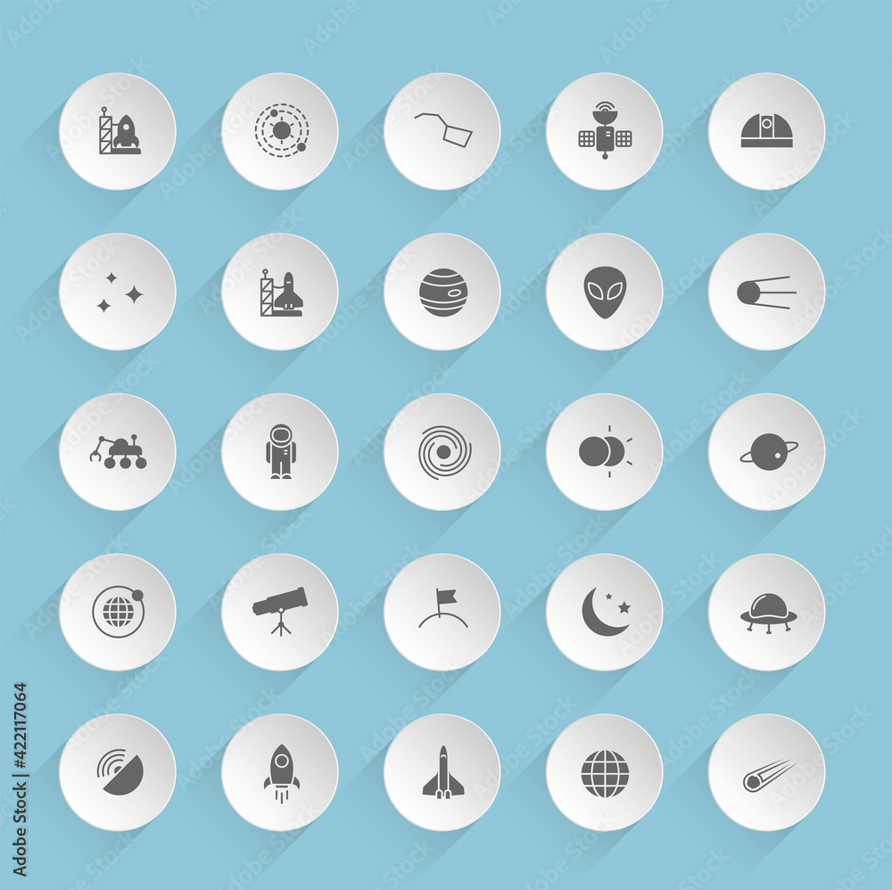 space vector icons on round puffy paper circles with transparent shadows on blue background. space stock vector icons for web, mobile and user interface design space vector icons on round puffy paper circles with transparent shadows on blue background. space stock vector icons for web, mobile and user interface design