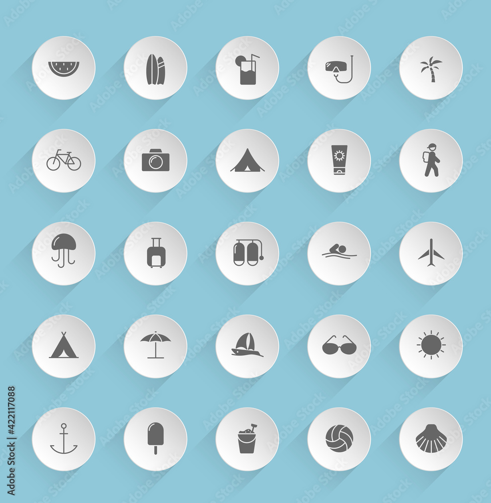 summer vector icons on round puffy paper circles with transparent shadows on blue background. summer stock vector icons for web, mobile and user interface design summer vector icons on round puffy paper circles with transparent shadows on blue background. summer stock vector icons for web, mobile and user interface design