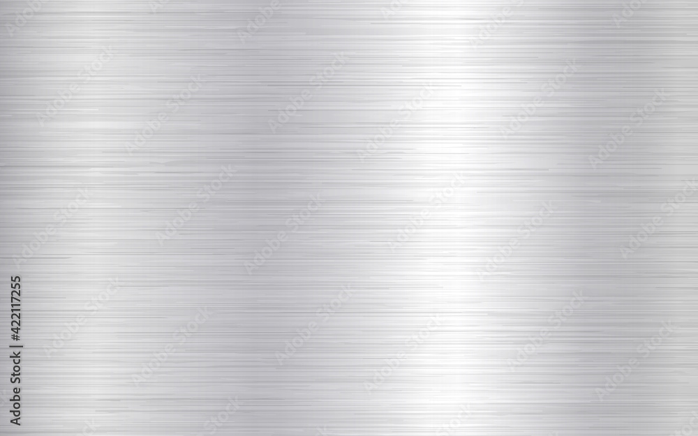 Metal background. Silver steel texture. Brushed stainless sheet. Bright  polish plate with reflection. Realistic industrial texture. Aluminum panel.  Vector illustration Stock Vector