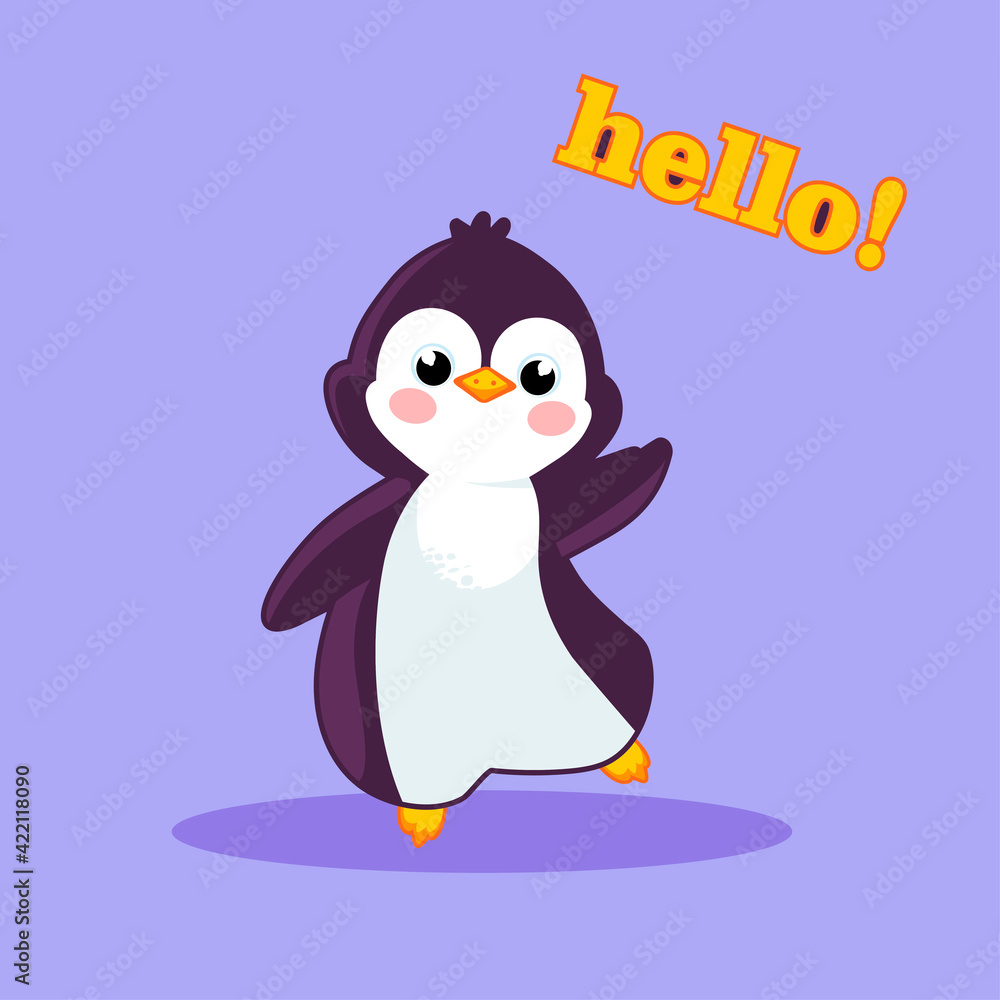 Naklejka premium Cute happy penguin says hello. Modern vector sticker.