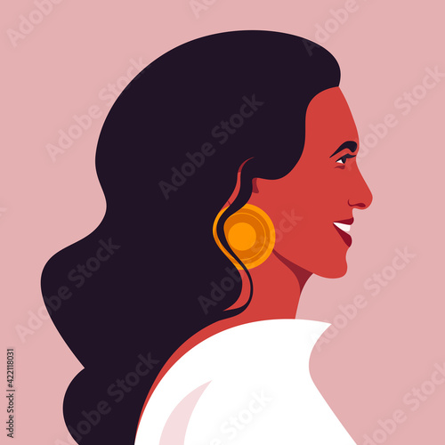 Portrait of a happy Hispanic woman in the profile. Face of a human. Side view. Avatar. Vector flat illustration