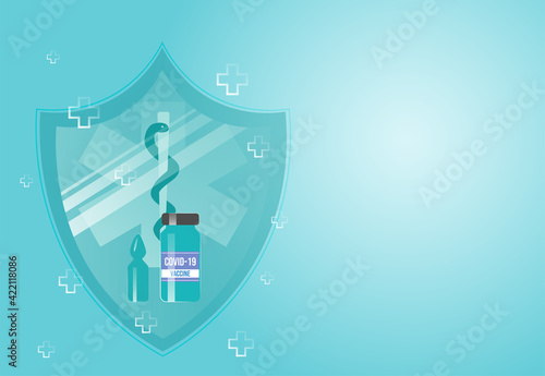 Coronavirus vaccination website landing page. A shield with a medicine logo and two vaccine vials. Concept marketing for banner and website, landing page template