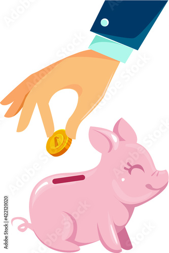 Hand puts money in the piggy bank. Cartoon character pig. Financial savings. Pig and banker. Vector illustration of a flat style.