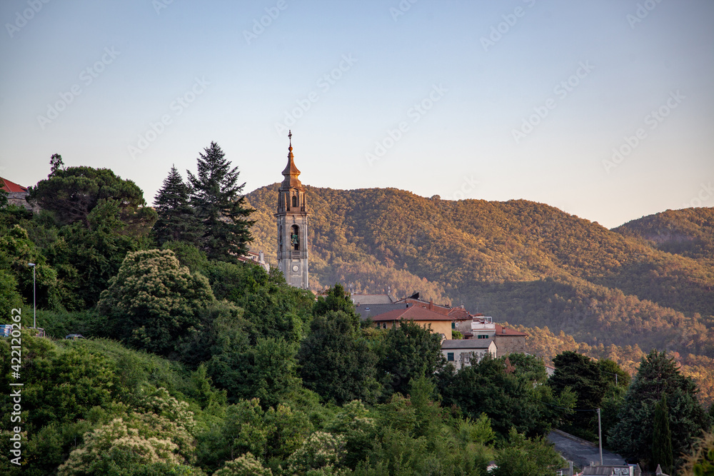 The bell tower of the temple is surrounded by houses and dense vegetation against the backdrop of mountains.