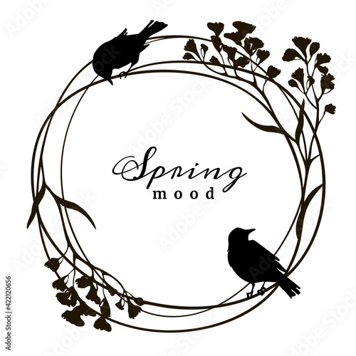 Black wreath with silhouette of limonium branches and birds. Floral frame.