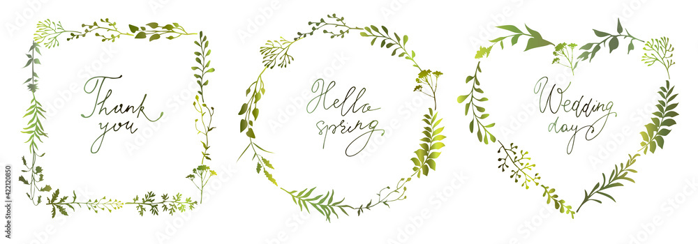 Set of green floral frames of different shapes with meadow herbs and lettering inscriptions. Floral wreaths. Element design. Set of green floral frames of different shapes with meadow herbs and lettering inscriptions. Floral wreaths. Element design.