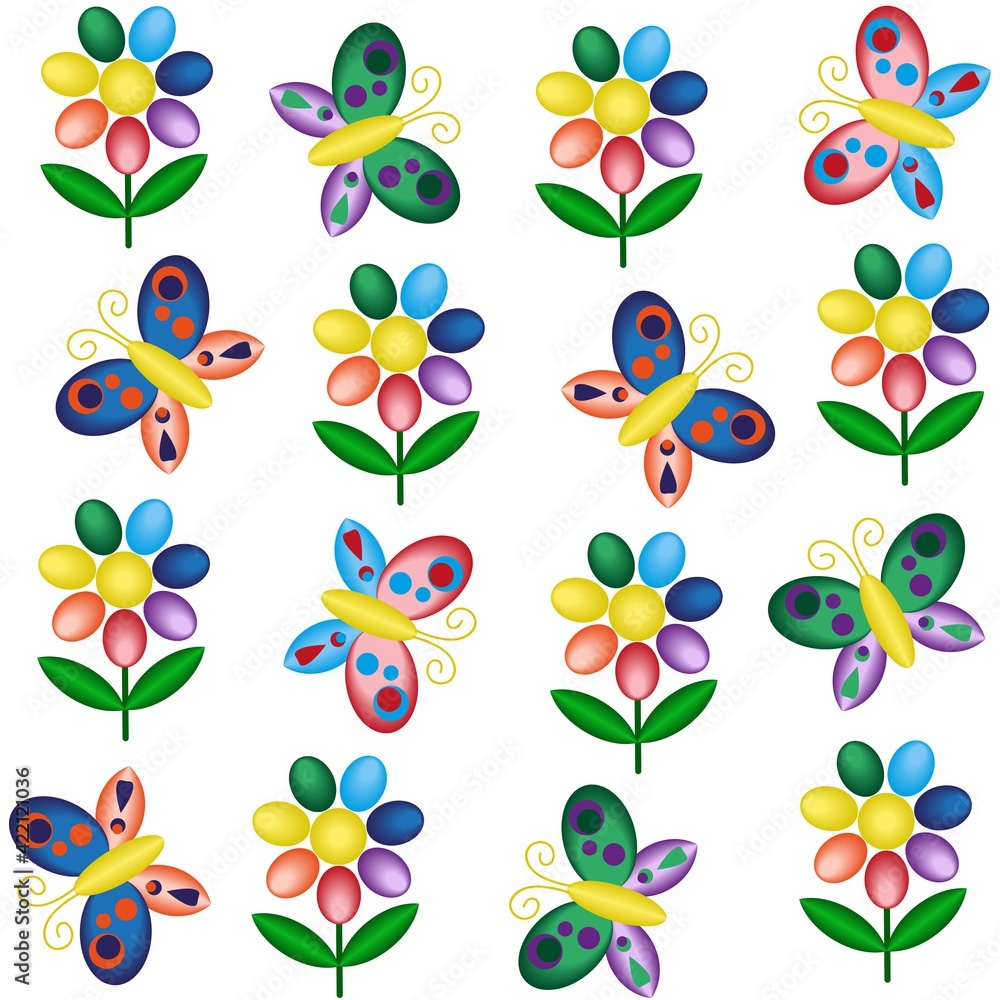 Seamless pattern with butterflies and flowers in bright rainbow lgbtq colors. Natural colorful summer texture with flowering plants and insects. Icons created by the Blend tool Seamless pattern with butterflies and flowers in bright rainbow lgbtq colors. Natural colorful summer texture with flowering plants and insects. Icons created by the Blend tool