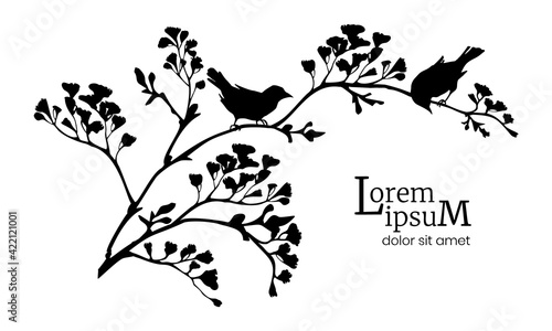 Black silhouette of flowering branches and birds. Spring background.