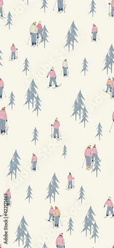 winter seamless pattern with hand drawn skiers In retro colors