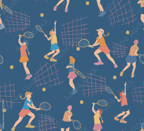 seamless pattern with hand drawn  girl tennis player