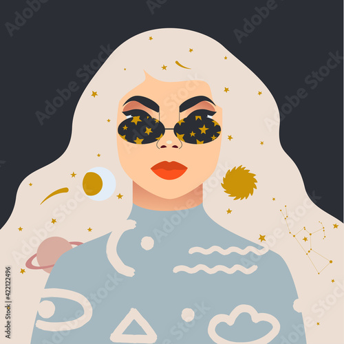 Beautiful blond woman. Woman  with universe starry night in hair. Modern flat vector illustration.