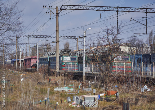 Freight train within the city. Kiev, Ukraine.