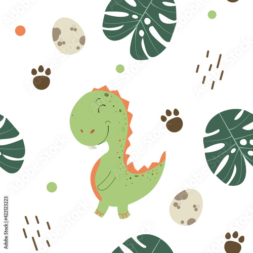 Childish seamless pattern with hand drawn dino in Scandinavian style. Cool t-rex illustration for nursery t-shirt  kids apparel  invitation cover  simple child background design. Vector illustration.
