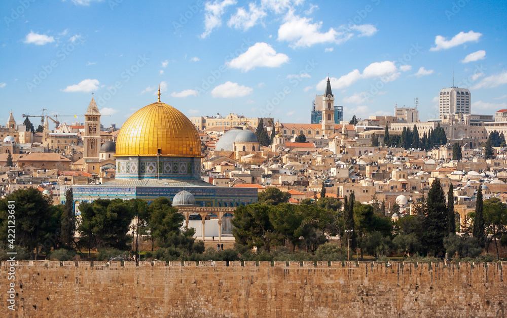 View on Jerusalem and the Temple Mount with the Dome of the Rock. Palestine, Israel