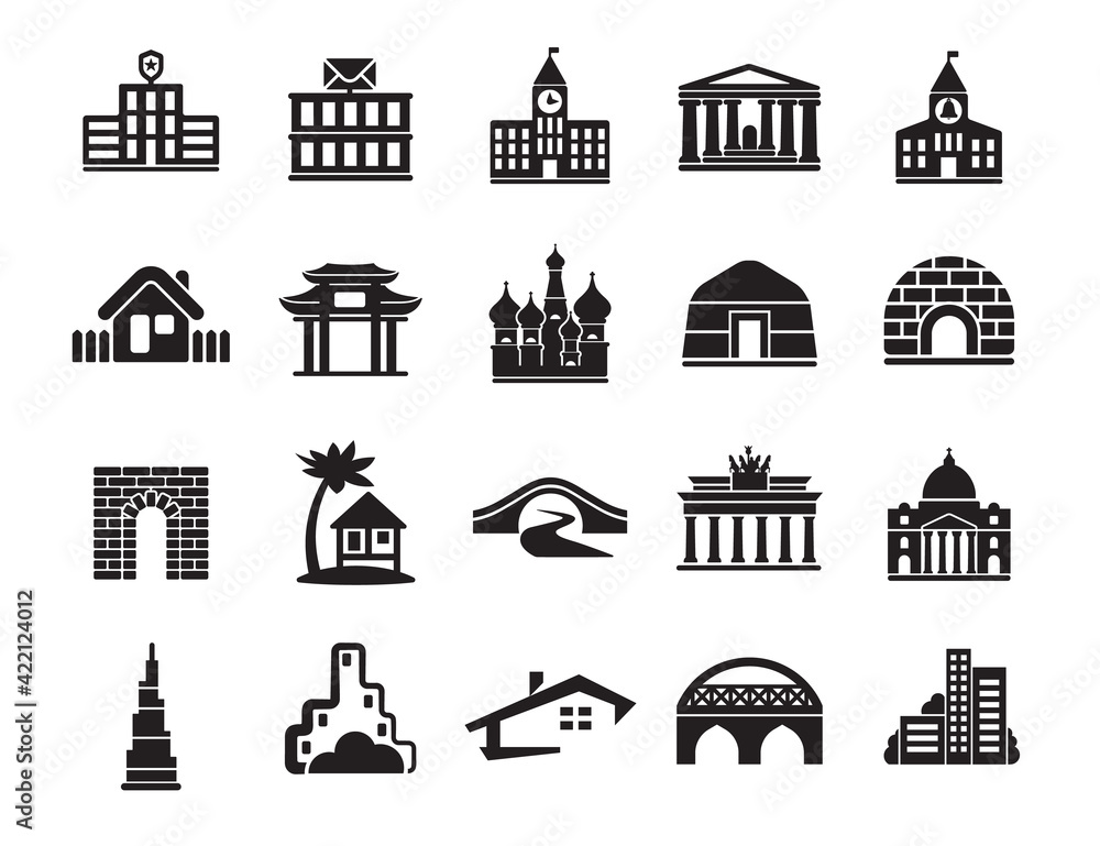 Signs logo illustration. Urban infrastructure vector icons set, modern solid symbol collection filled pictogram pack. Set includes icons playground buildings service