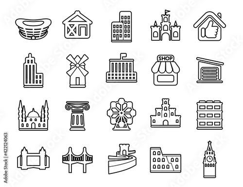 Modern thin line icons set. Construction works site building tools. Outline symbol collection. Stroke vector logo concept for web graphics. Simple mono linear pictogram pack.