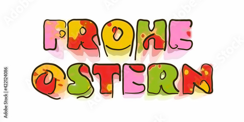 German text "Frohe Ostern", translated "Happy Easter", line sketch doodle style 