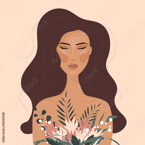 beautiful girl with lush hair and a bouquet of flowers. Vector illustration portrait of a young woman