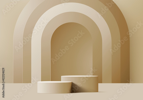 Cylinder abstract minimal scene with geometric platform. Summer background vector 3d rendering with podium. stand to show cosmetic products. Stage showcase on pedestal modern 3d studio beige pastel