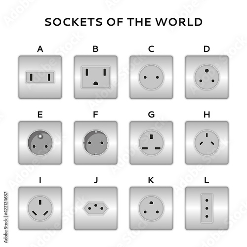 Types of electrical wall square outlets mockup isolated on white in the world realistic 3d vector illustration