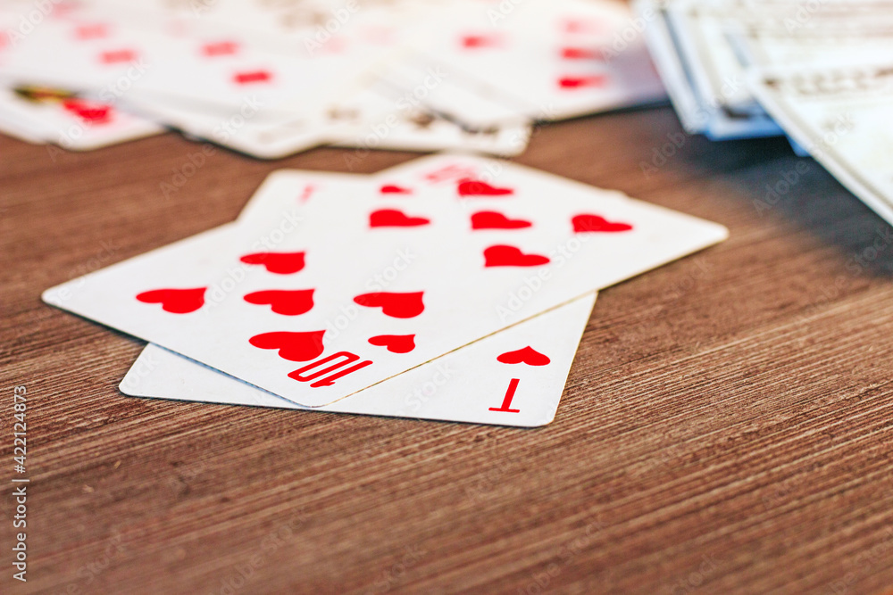 Winning combination of cards: blackjack of hearts, dropped out to the player on the playing table