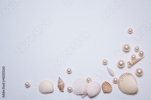 Sea shells and pearls on the white background, with free space for text. Top view, elegant flat lay. Beautiful background and template for your design.