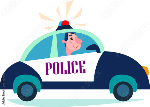 A police car with a patrol rides along the road clipart character. Vector illustration in cartoon style.