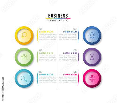 Vector illustration infographics design template, business information, presentation chart, with 6 options or steps. 