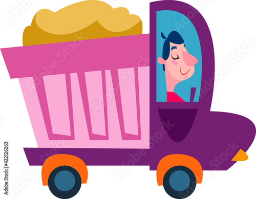 Truck with sand and driver behind the wheel clip art. Vector illustration in cartoon style.