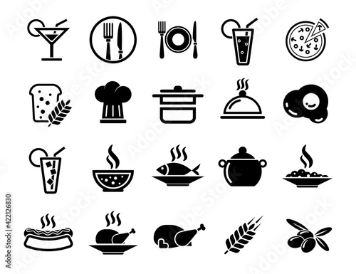 Elegant Food Icons Set. Black beverage, food, kitchen Elements for mobile concepts and web apps. Collection modern infographic logo and pictogram.