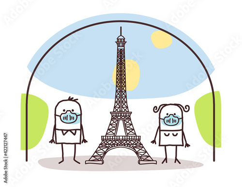 Cartoon Couple with protection Masks, near the Eiffel Tower, Contained in Paris