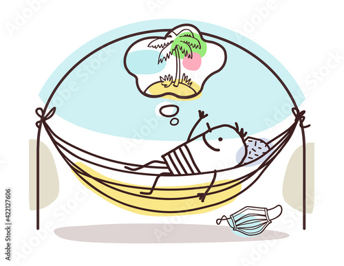 Cartoon Man in a Hammock, Contained at home, dreaming of an exotic island