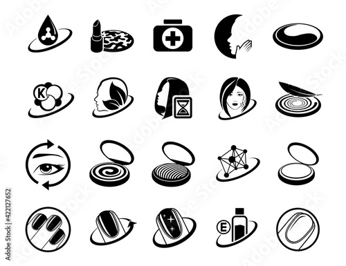 Vector graphic set. Icons, minimal design. Beauty. Attributes of beauty for women. Concept illustration for Web site. Sign, symbol, element.