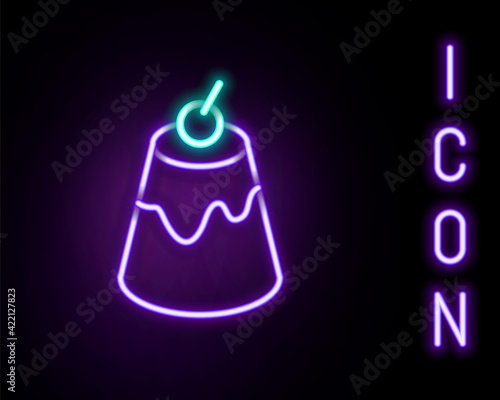 Glowing neon line Pudding custard with caramel glaze icon isolated on black background. Colorful outline concept. Vector