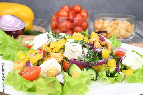 A close view on greek salad on a big white plate.