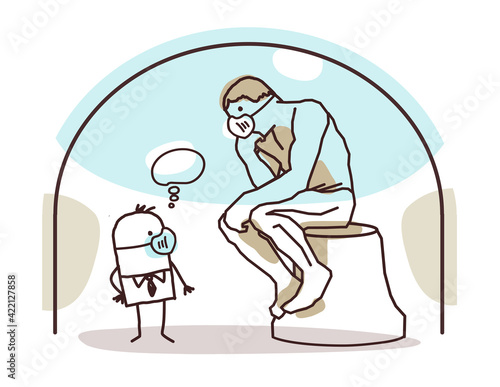 Cartoon man with protection Mask, meeting the Rodin's Thinker