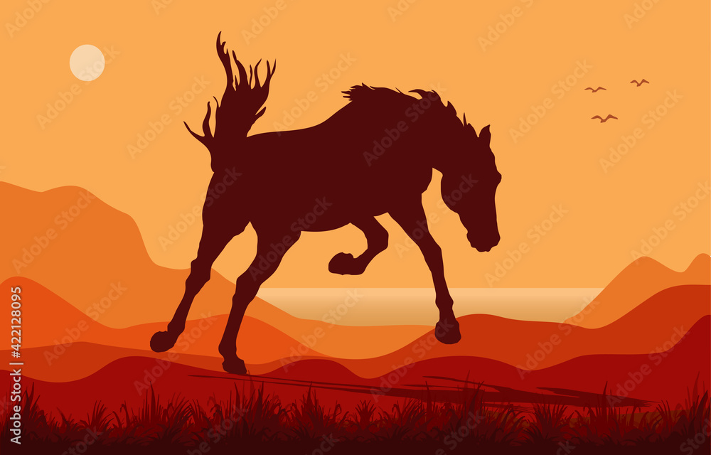 poster, dark isolated realistic silhouette of a galloping kicking horse against the sky and sea in orange tone poster, dark isolated realistic silhouette of a galloping kicking horse against the sky and sea in orange tone