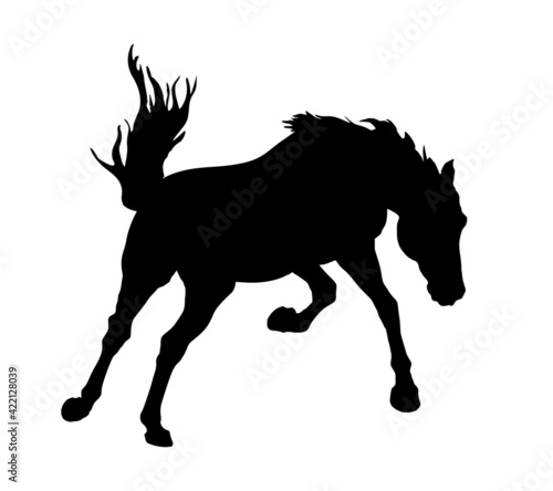 black isolated realistic silhouette of a galloping kicking horse on a white background