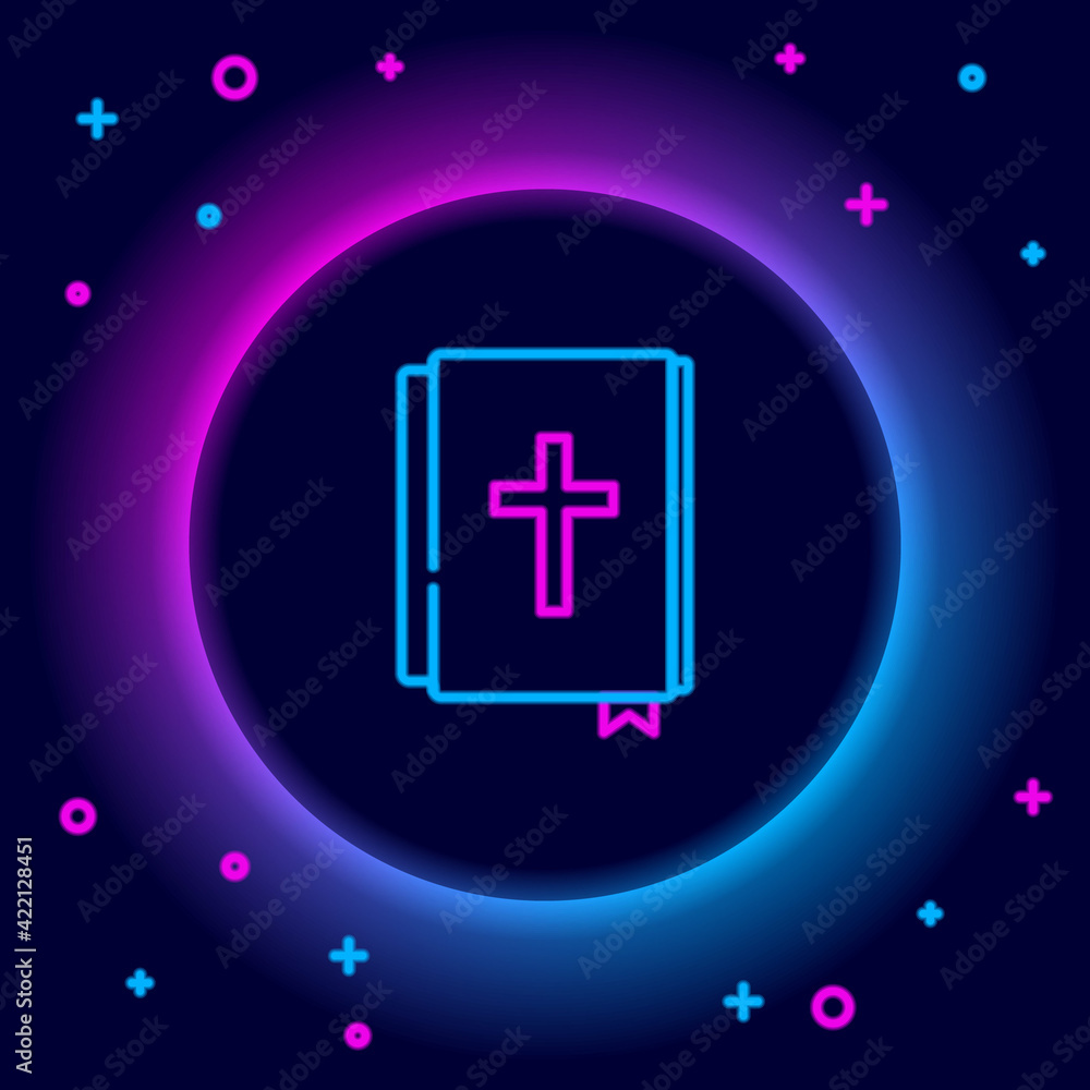Glowing neon line Holy bible book icon isolated on black background. Colorful outline concept. Vector Glowing neon line Holy bible book icon isolated on black background. Colorful outline concept. Vector