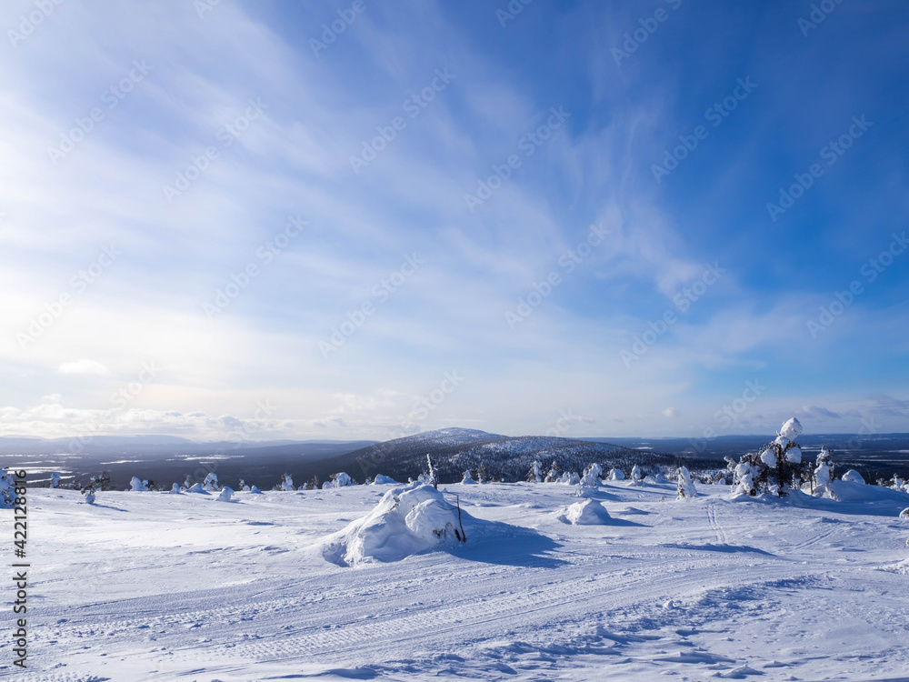 Snowy scenery on top of a fell in Lapland, Finland