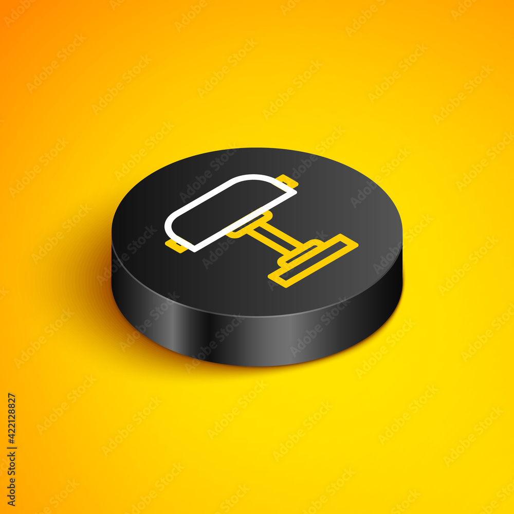 Isometric line Table lamp icon isolated on yellow background. Desk lamp. Black circle button. Vector Isometric line Table lamp icon isolated on yellow background. Desk lamp. Black circle button. Vector