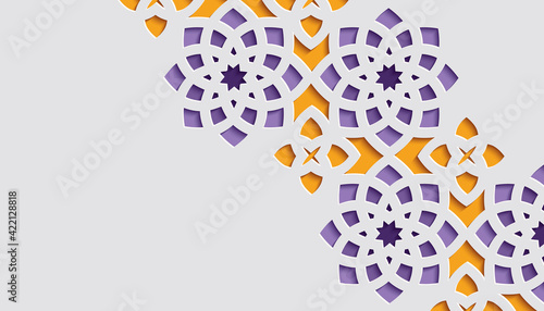 Colorful ornamental patterned stone relief in arabic architectural style of islamic mosque,greeting card for Ramadan Kareem