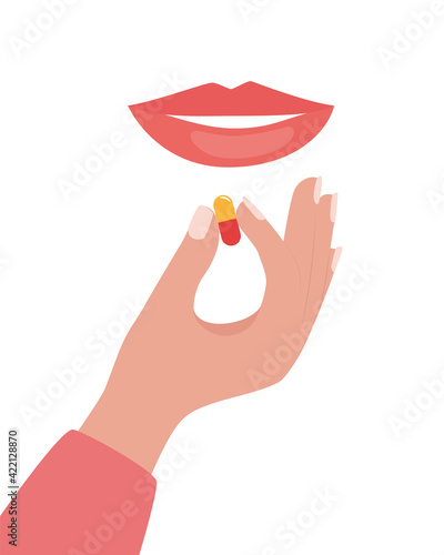 Woman's mouth and hand with a pill. Woman taking a pill. Girl holds a pill in her hand and intends to take it. Medication treatment, pharmacy and medicine, concept vector illustration.