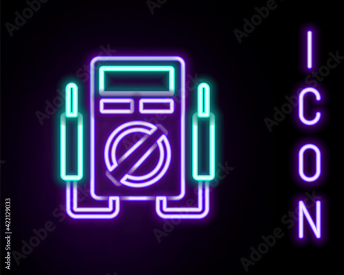 Glowing neon line Ampere meter, multimeter, voltmeter icon isolated on black background. Instruments for measurement of electric current. Colorful outline concept. Vector