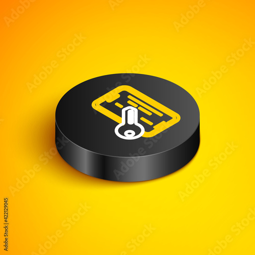 Isometric line Glass screen protector for smartphone icon isolated on yellow background. Protective film for glass. Transparent soft glass for mobile phone. Black circle button. Vector