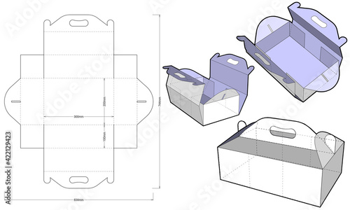 Folding Box With Handle (Internal measurement 30 x 20 + 10cm) and Die-cut Pattern. The .eps file is full scale and fully functional. Prepared for real cardboard production.